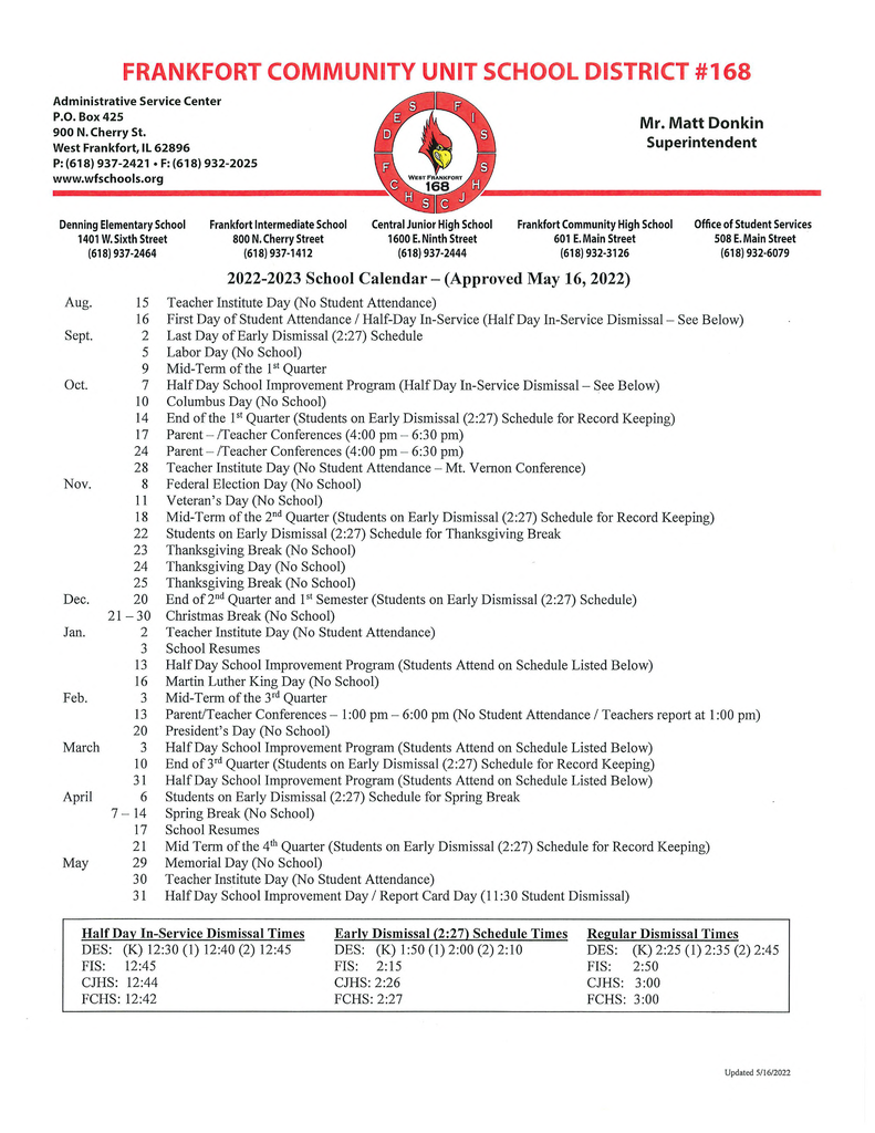 2022 2023 FCUSD 168 Calendar